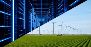 A split screen image. On the left is a data centre and on the right is a wind farm. 